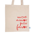 Harlequin Calico bag in natural colour displaying long shoulder handles with large More Amor Por Favor Design 
