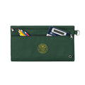 Harlequin green pencil case front angle displaying two zip compartments and D-ring with Mount Kilcoy State School logo
