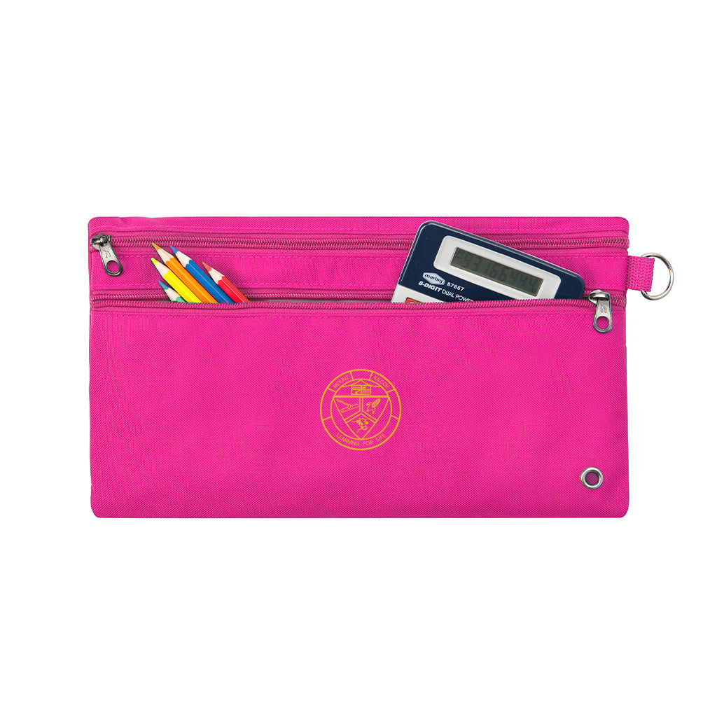 Harlequin pink pencil case front angle displaying two zip compartments and D-ring with Mount Kilcoy State School logo