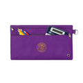 Harlequin purple pencil case front angle displaying two zip compartments and D-ring with Mount Kilcoy State School logo