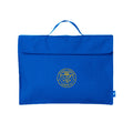 Harlequin Premier Library Bag in royal displaying carry handle and velcro pocket opening with Mt Kilcoy School logo