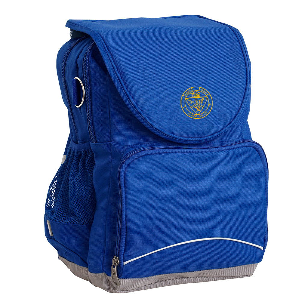 Mount Kilcoy State School Ergo Tuff-Pack backpack Royal. Front side angle, padded shoulder straps, two zipper compartments, front zipper pocket, D-Ring and mesh water bottle.