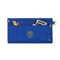 Harlequin royal pencil case front angle displaying two zip compartments and D-ring with Mount Kilcoy State School logo