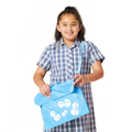9 year old child model in school uniform wearing across her left shoulder the Harlequin Quartet String Music bag in Sky Blue pre-printed with a String motif.
