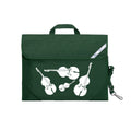Harlequin Quartet String Music bag in green displaying carry handle, velcro opening, shoulder strap, reflector safety strip, reinforced corners, pre-printed with a String motif