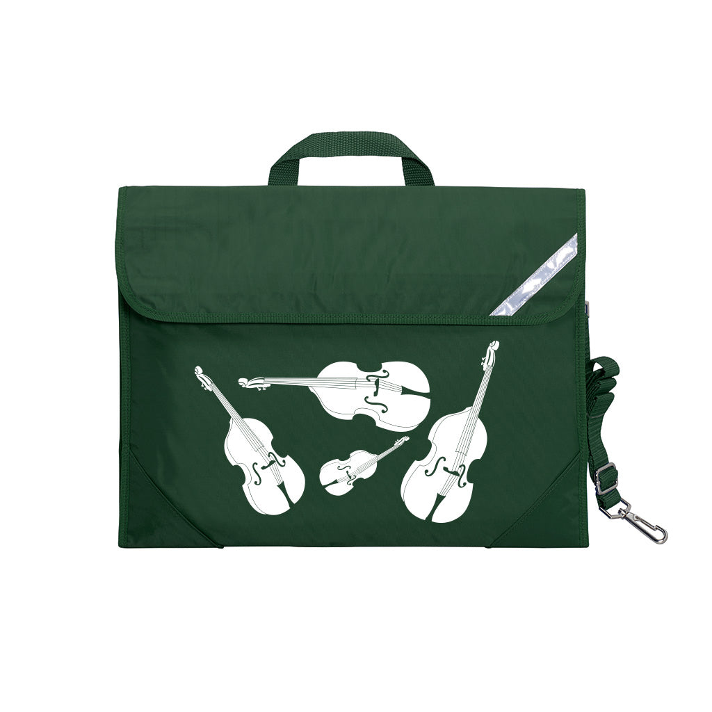 Harlequin Quartet String Music bag in green displaying carry handle, velcro opening, shoulder strap, reflector safety strip, reinforced corners, pre-printed with a String motif