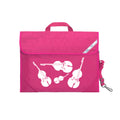 Harlequin Quartet String Music bag in Hot pink displaying carry handle, velcro opening, shoulder strap, reflector safety strip, reinforced corners, pre-printed with a String motif