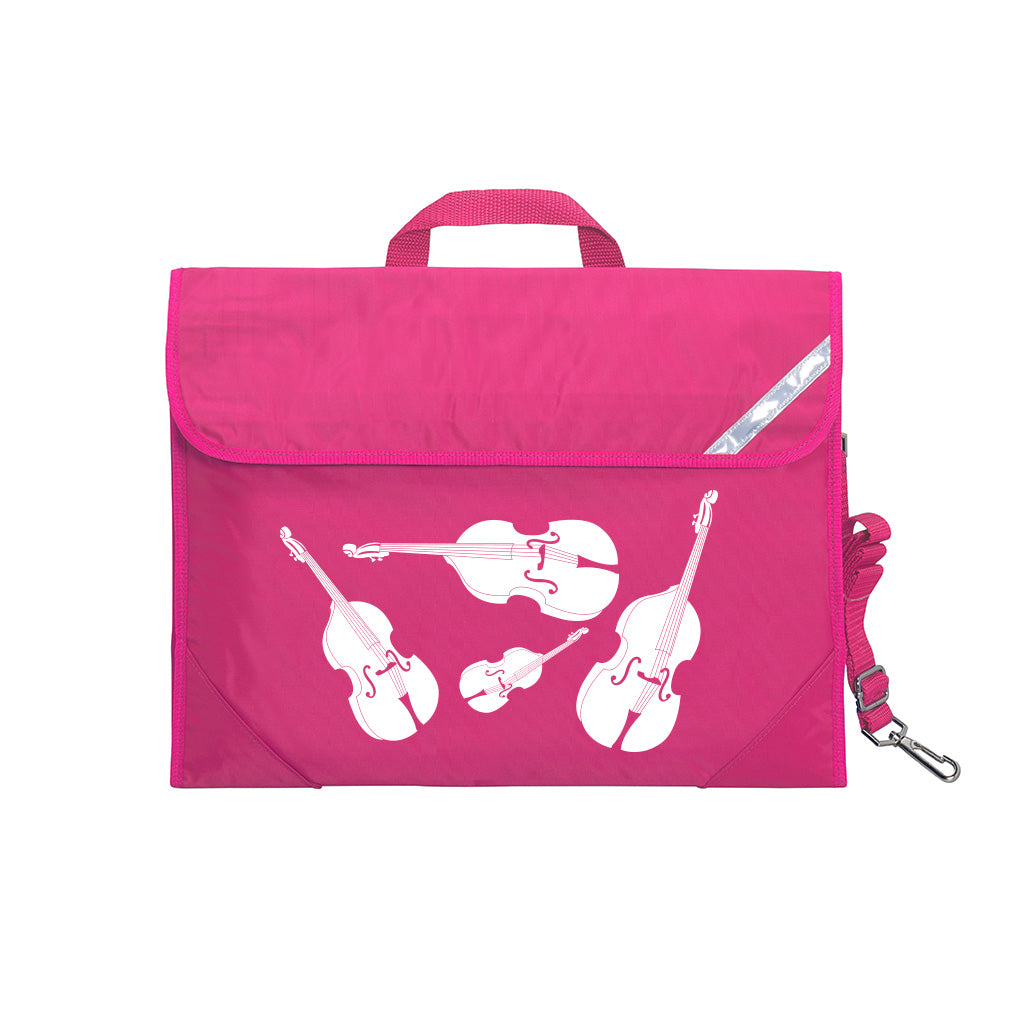 Harlequin Quartet String Music bag in Hot pink displaying carry handle, velcro opening, shoulder strap, reflector safety strip, reinforced corners, pre-printed with a String motif