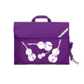 Harlequin Quartet String Music bag in Purple displaying carry handle, velcro opening, shoulder strap, reflector safety strip, reinforced corners, pre-printed with a String motif