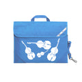 Harlequin Quartet String Music bag in Sky Blue displaying carry handle, velcro opening, shoulder strap, reflector safety strip, reinforced corners, pre-printed with a String motif