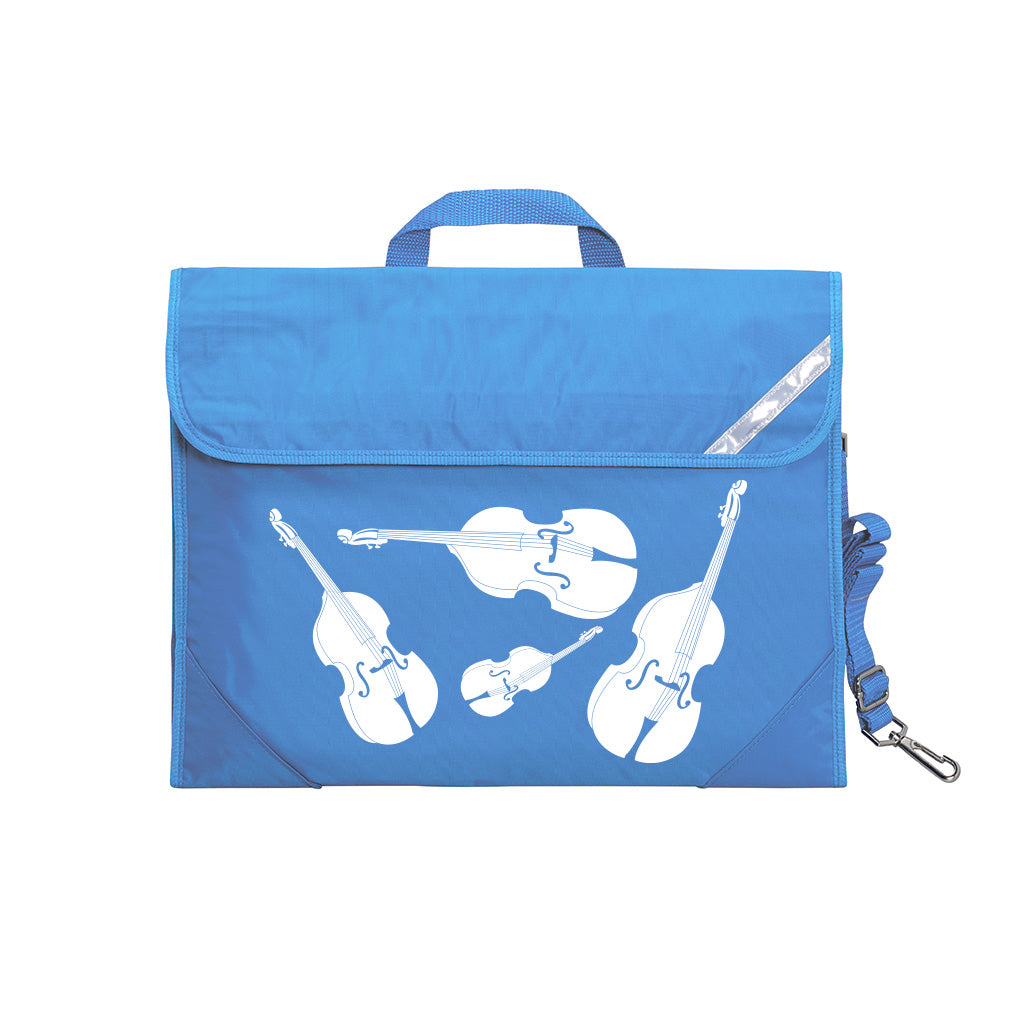 Harlequin Quartet String Music bag in Sky Blue displaying carry handle, velcro opening, shoulder strap, reflector safety strip, reinforced corners, pre-printed with a String motif