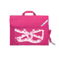 Harlequin Quartet Keyboard Music bag in Hot pink displaying carry handle, velcro opening, shoulder strap, reflector safety strip, reinforced corners, pre-printed with a Keyboard motif