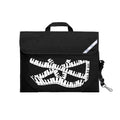 Harlequin Quartet Keyboard Music bag in Black displaying carry handle, velcro opening, shoulder strap, reflector safety strip, reinforced corners, pre-printed with a Keyboard motif
