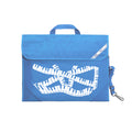 Harlequin Quartet Keyboard Music bag in Sky blue displaying carry handle, velcro opening, shoulder strap, reflector safety strip, reinforced corners, pre-printed with a Keyboard motif