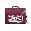 Harlequin Quartet Keyboard Music bag in Maroon displaying carry handle, velcro opening, shoulder strap, reflector safety strip, reinforced corners, pre-printed with a Keyboard motif