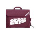 Harlequin Quartet Melody Music bag in Maroon displaying carry handle, velcro opening, shoulder strap, reflector safety strip, reinforced corners, pre-printed with a Melody motif