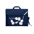 Harlequin Quartet String Music bag in Navy displaying carry handle, velcro opening, shoulder strap, reflector safety strip, reinforced corners, pre-printed with a String motif
