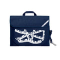 Harlequin Quartet Keyboard Music bag in Navy displaying carry handle, velcro opening, shoulder strap, reflector safety strip, reinforced corners, pre-printed with a Keyboard motif
