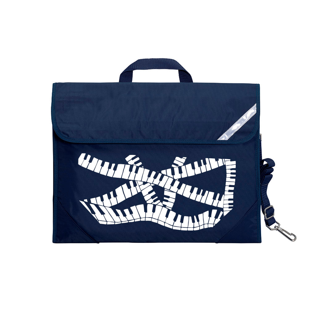 Harlequin Quartet Keyboard Music bag in Navy displaying carry handle, velcro opening, shoulder strap, reflector safety strip, reinforced corners, pre-printed with a Keyboard motif