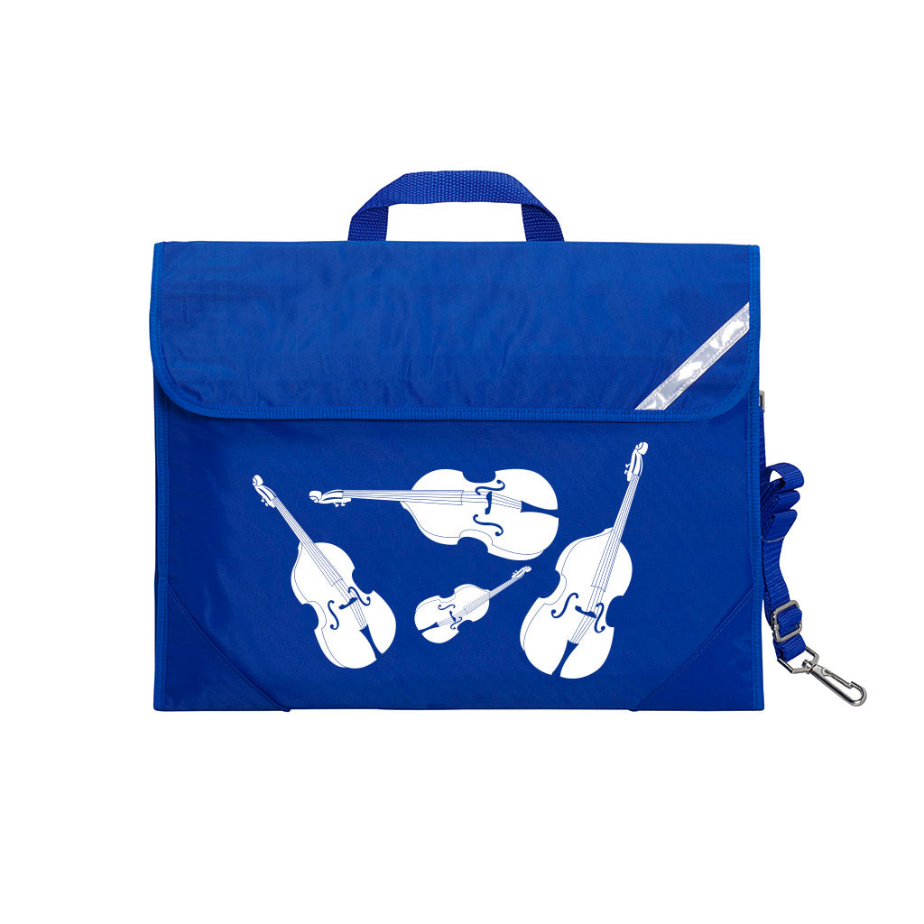 Harlequin Quartet String Music bag in Royal Blue displaying carry handle, velcro opening, shoulder strap, reflector safety strip, reinforced corners, pre-printed with a String motif