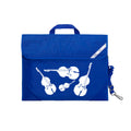 Harlequin Quartet String Music bag in Royal Blue displaying carry handle, velcro opening, shoulder strap, reflector safety strip, reinforced corners, pre-printed with a String motif