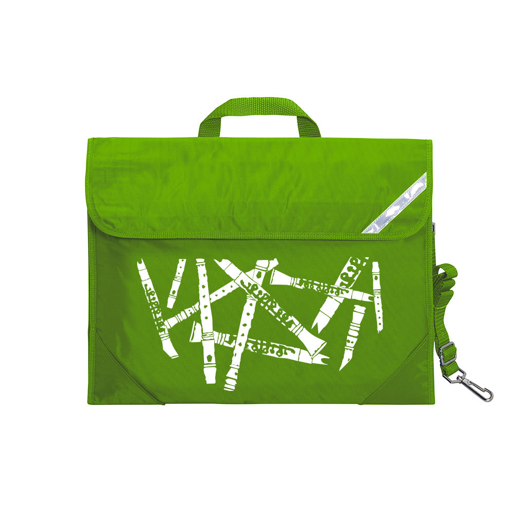 Harlequin Quartet Wind Music bag in Apple Green displaying carry handle, velcro opening, shoulder strap, reflector safety strip, reinforced corners, pre-printed with a wind motif