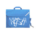 Harlequin Quartet Wind Music bag in Sky Blue displaying carry handle, velcro opening, shoulder strap, reflector safety strip, reinforced corners, pre-printed with a wind motif