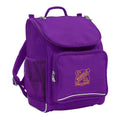 Mighty backpack in colour purple, front side angle displaying carry handle, padded shoulder straps, top zipper compartment, front zipper pocket and mesh water bottle holder with Nashville State School logo