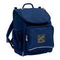 Mighty backpack in colour navy, front side angle displaying carry handle, padded shoulder straps, top zipper compartment, front zipper pocket and mesh water bottle holder with Nashville State School logo