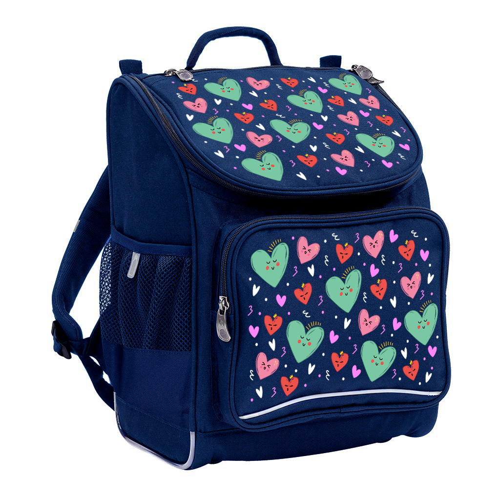 Harlequin Mighty Tuff-Pack Backpack in Navy with the Sweet Hearts design from the Harlequin Creatix signature series. Front side angle displaying carry handle, padded shoulder straps, top zipper compartment, front zipper pocket and mesh water bottle holder.