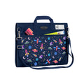 Harlequin Safety Library bag in Navy with Galaxy Girl design from the Harlequin Creatix Signature Series. Back angle view displaying carry handle, D-Rings, name card sleeve, side pocket, reinforced corners and shoulder strap.