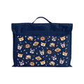 Harlequin Eco Library bag in Navy with Puppy Pals design from the Harlequin Creatix Signature Series. Front view displaying carry handle, velcro flap opening, and PET recycled water repellent fabric.