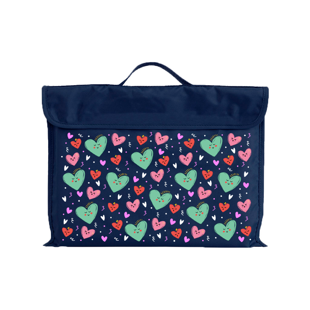 Harlequin Eco Library bag in Navy with Sweet Hearts design from the Harlequin Creatix Signature Series. Front view displaying carry handle, velcro flap opening, and PET recycled water repellent fabric.
