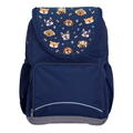 Harlequin Ergo Tuff-Pack backpack in Navy with Puppy Pals design from the Harlequin Creatix signature series. Front view showcasing two zipper compartments, reflective piping, front zipper pocket and front of flap.