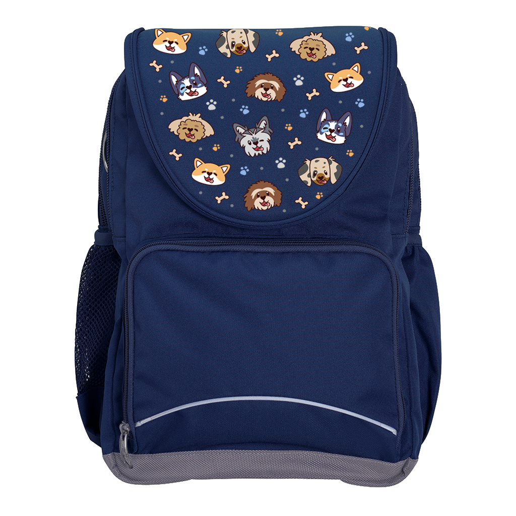 Harlequin Ergo Tuff-Pack backpack in Navy with Puppy Pals design from the Harlequin Creatix signature series. Front view showcasing two zipper compartments, reflective piping, front zipper pocket and front of flap.