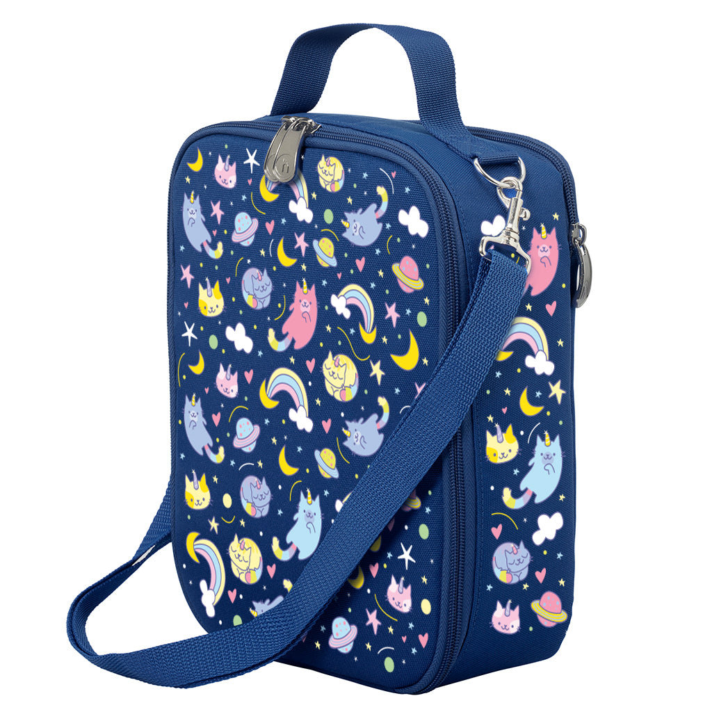 Harlequin Large Lunch bag in Navy with Kittycorn design from the Harlequin Creatix Signature Series. Front angle view displaying top handle, quality zippers and D-Rings with additional shoulder strap.