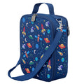 Harlequin Large Lunch bag in Navy with Galaxy Boy design from the Harlequin Creatix Signature Series. Front angle view displaying top handle, quality zippers and D-Rings with additional shoulder strap.
