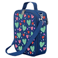 Harlequin Large Lunch bag in Navy with Sweet Hearts design from the Harlequin Creatix Signature Series. Front angle view displaying top handle, quality zippers and D-Rings with additional shoulder strap.