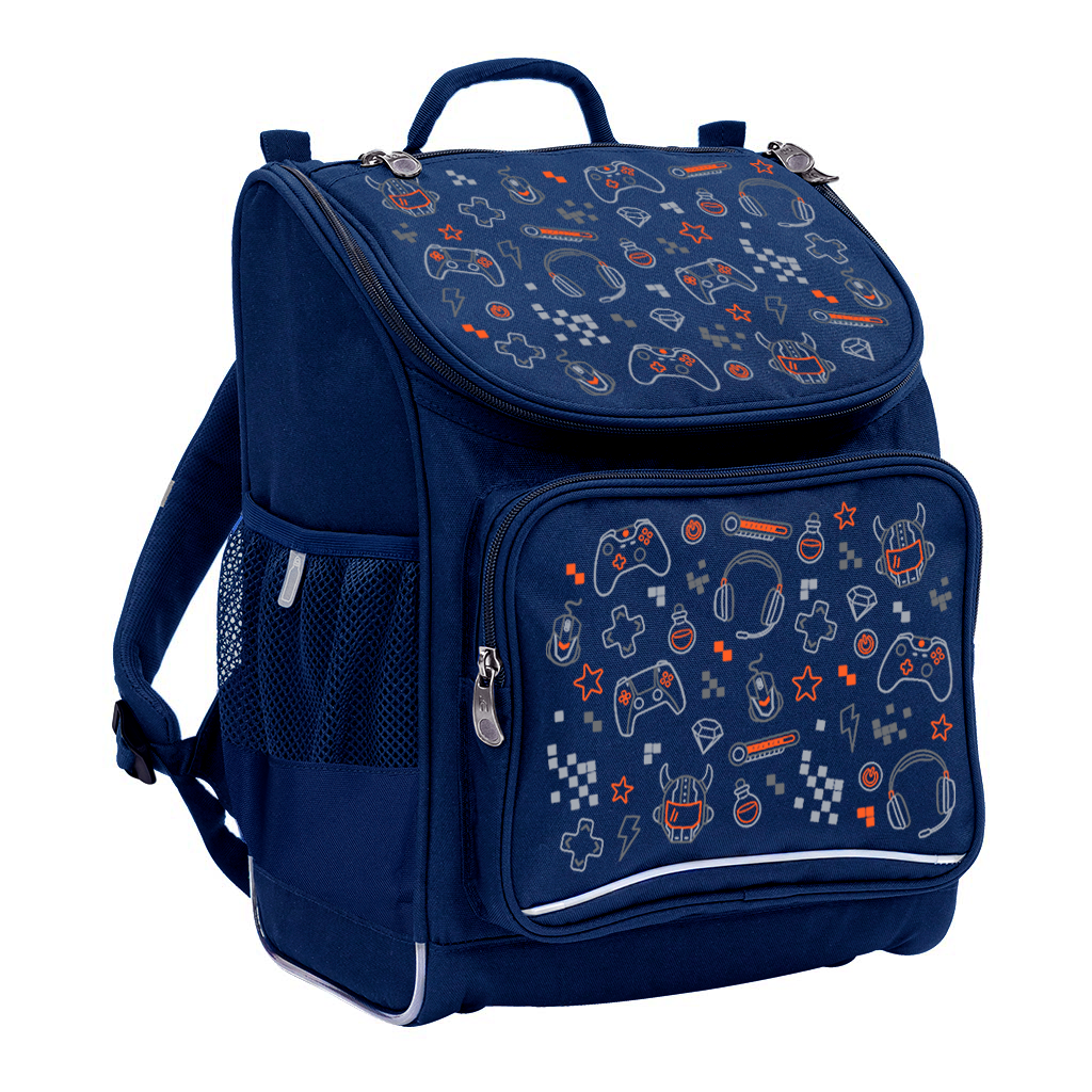 Harlequin Mighty Tuff-Pack Backpack in Navy with the Gamer Boy design from the Harlequin Creatix signature series. Front side angle displaying carry handle, padded shoulder straps, top zipper compartment, front zipper pocket and mesh water bottle holder.