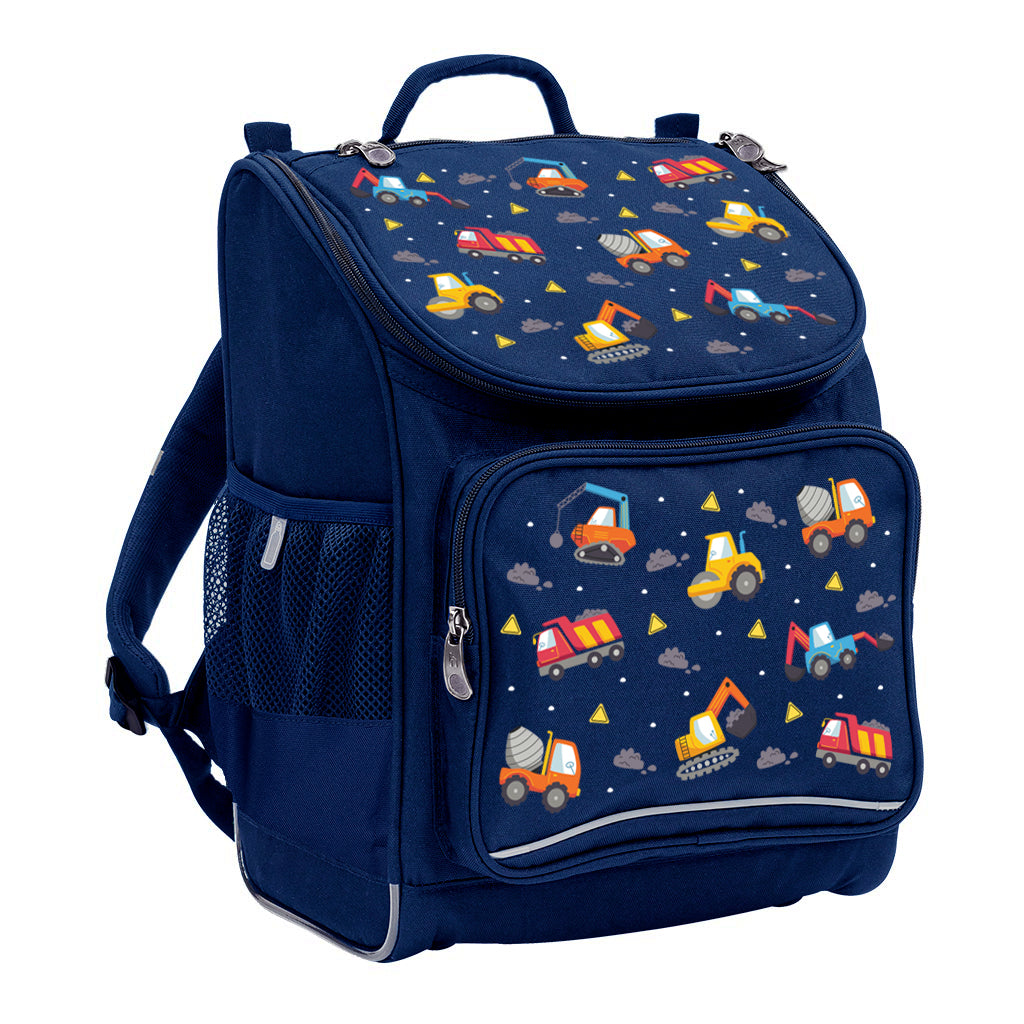 Harlequin Mighty Tuff-Pack Backpack in Navy with the Jumbo Trucks design from the Harlequin Creatix signature series. Front side angle displaying carry handle, padded shoulder straps, top zipper compartment, front zipper pocket and mesh water bottle holder.