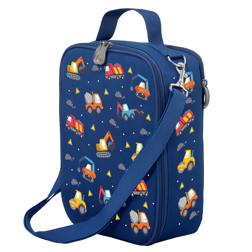 Harlequin Large Lunch bag in Navy with Jumbo Trucks design from the Harlequin Creatix Signature Series. Front angle view displaying top handle, quality zippers and D-Rings with additional shoulder strap.
