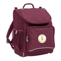 Mighty backpack in colour Maroon, front side angle displaying carry handle, padded shoulder straps, top zipper compartment, front zipper pocket and mesh water bottle holder with Hope Christian College logo