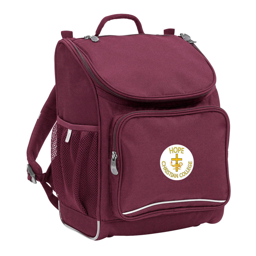 Mighty backpack in colour Maroon, front side angle displaying carry handle, padded shoulder straps, top zipper compartment, front zipper pocket and mesh water bottle holder with Hope Christian College logo