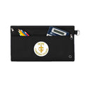 Harlequin Black pencil case front angle displaying two zip compartments and D-ring with Hope Christian logo 