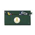 Harlequin Green pencil case front angle displaying two zip compartments and D-ring with Hope Christian logo 