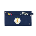 Harlequin Navy pencil case front angle displaying two zip compartments and D-ring with Hope Christian logo 