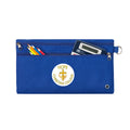 Harlequin Royal pencil case front angle displaying two zip compartments and D-ring with Hope Christian logo 