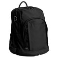 Harlequin Osteo in black front side angle displaying carry handle, two top zipper compartments, front pocket with two zip compartments, D ring and mesh water bottle holder