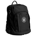  Osteo Backpack colour Black  in front side angle displaying carry handle, two top zipper compartments, front pocket with two zip compartments, D ring and mesh water bottle holder  Emmaus College Rockhampton logo