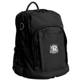  Osteo Backpack colour Black  in front side angle displaying carry handle, two top zipper compartments, front pocket with two zip compartments, D ring and mesh water bottle holder  Parramatta High School logo